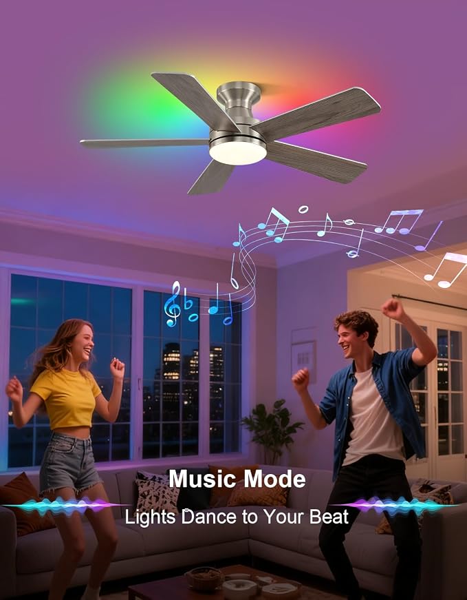 42" RGB Ceiling Fan with Light, App & Remote Controlled Flush Mount Ceiling Fan, Music Sync Lighting, 6-Speed Quiet Reversible DC Motor, 4CCT Dimmable for Bedroom Living Room, Brush Nickel