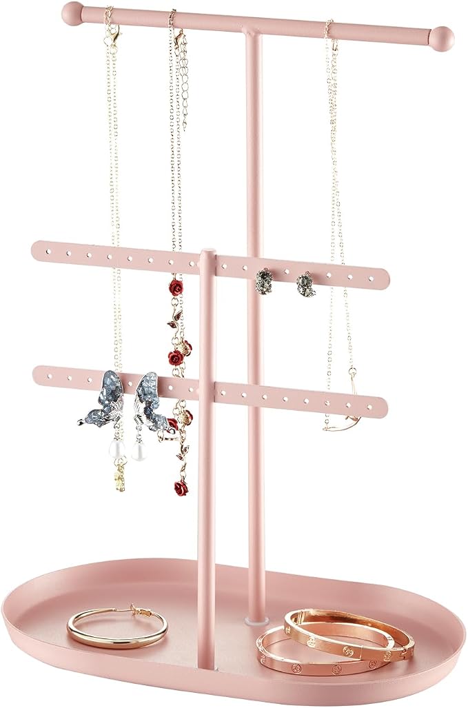 Saydear 3-Tier Jewelry Organizer Stand, Earring Holder Necklace Tree | Pink Metal Earring Rails With Top Necklace Bar, Oval Tray Base, Ideal Vanity Dresser Decor, Gift For Her