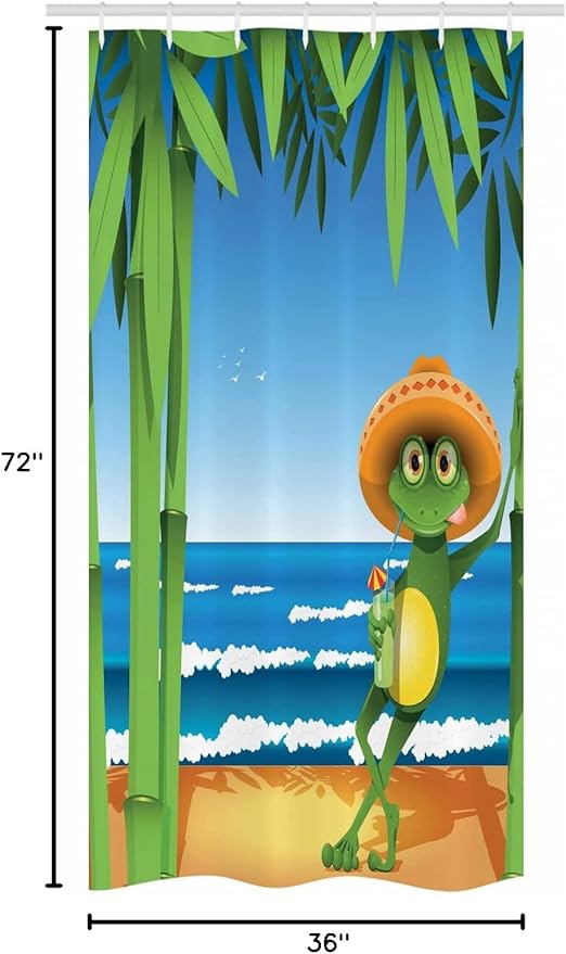 Ambesonne Animal Stall Shower Curtain, Illustration of a Frog on Sandy Beach with Palm Trees and Ocean Tropical Print, Fabric Bathroom Decor Set with Hooks, 36" W x 72" L, Cream Green