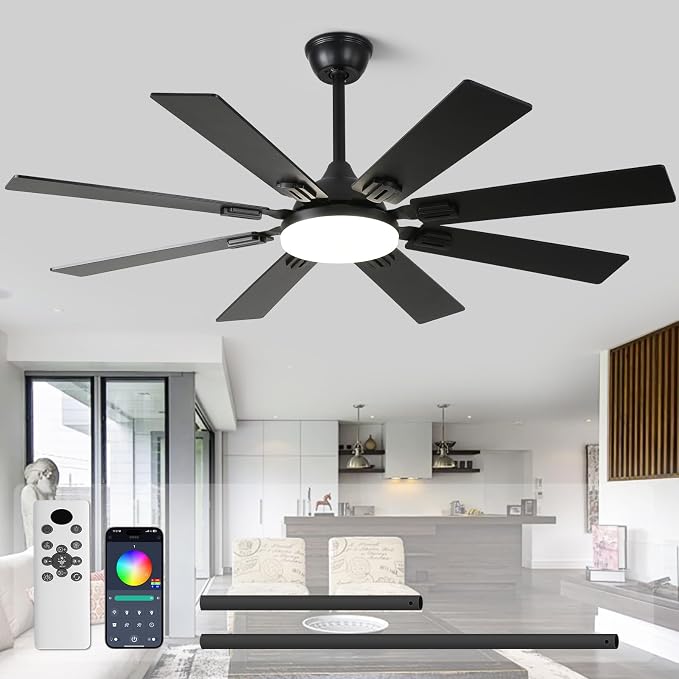 52" Ceiling Fans with Lights and Remote, Black Modern Ceiling Fan with 8 Dual Finish Blades,Quiet Reversible Motor，Farmhouse Ceiling Fan with RGB Lights for Bedroom,Living Room,Patios