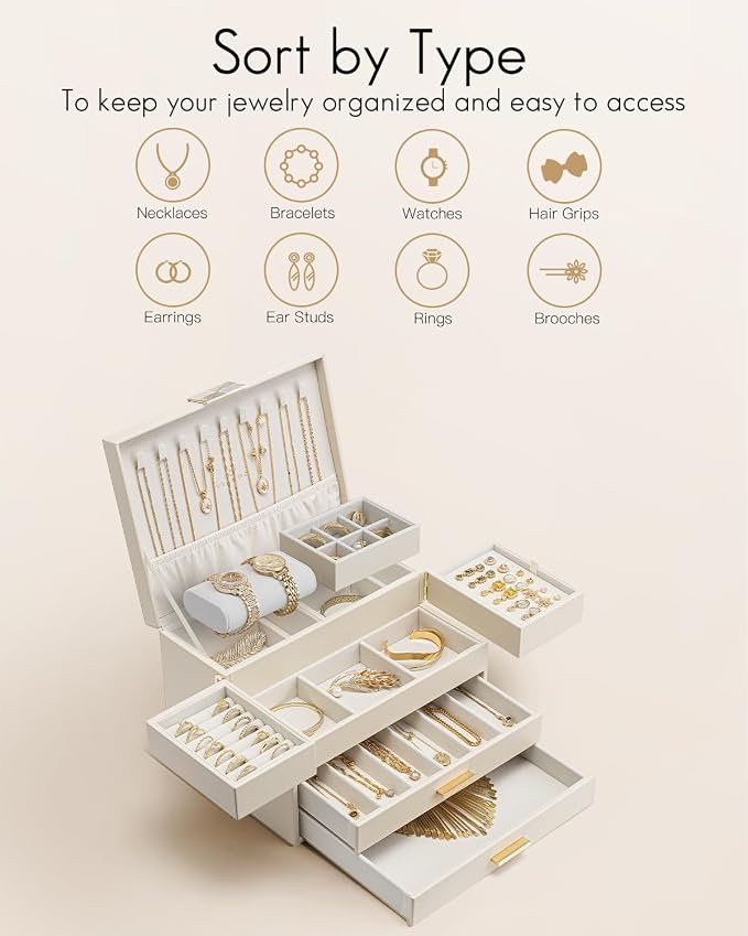 VLANDO 4 Layers Jewelry Box - Women Jewelry Box with Retractable Tray - Jewelry Organizer with Drawer for Necklaces, Rings, Bracelets, Earrings, Valentines Gift for Mom Girls - Cloud White