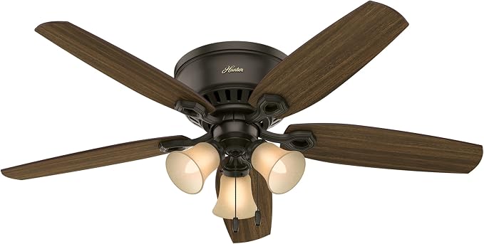 Hunter Builder, Indoor, Ceiling Fan, with LED Lights, 52 inch, New Bronze | Low Profile Flush Mount, Pull Chain, 5 Blades, For Bedroom, Living Room, Kitchen, 53327