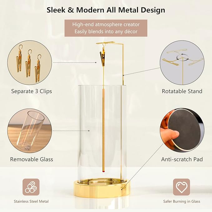 Incense Holder Ash Catcher - Upside Down Glass Incense Holder for Sticks, Reverse Inverted Anti Ash No Mess Insence-Stick Holder, Modern Metal Vertical Incense Burner for House Decor, Gold