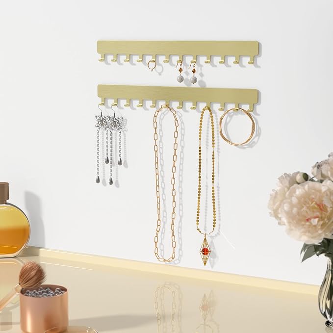 Necklace Holder Wall Mounted,Self Adhesive Jewelry Organizer,2 Pack,Gold | Modern Design,24 Hooks,Self Adhesive No Drilling,Durable 304 Stainless Steel,for bedroom/closet/bathroom/vanity
