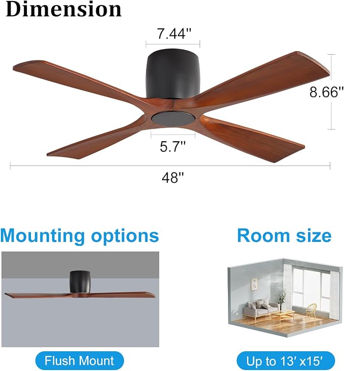 WINGBO 48 Inch Ceiling Fan Without Light, Solid Wood Flush Mount Ceiling Fan with Remote Control, Reversible DC Motor, 4 Blades,6-Speed Quiet Performance, for Bedroom & Living Room, Matte Black+Walnut