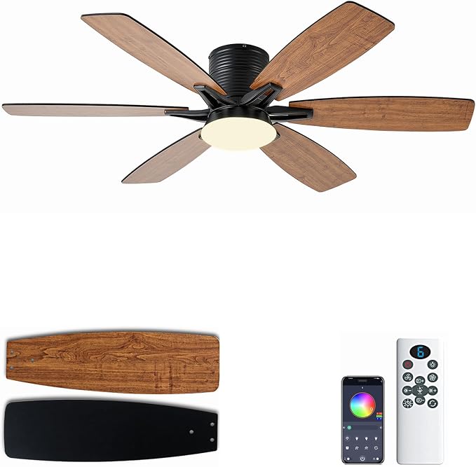 52inch Brown Ceiling Fans with Lights and Remote/App Control, Low Profile Ceiling Fan with Light and 6 Double-Side blades, Flush Mount, LED/RGB Dimmable DC Reversible Modern Ceiling Fan for Bedroom