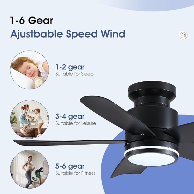 Wiviniya Ceiling Fans with Lights and Remote Control, 41 inch Low Profile Flush Mount Ceiling Fan, 3 CCT LED Dimmable Lights 5 Reversible Plastic Blades 6 Speeds for Bedroom Living Room, Black