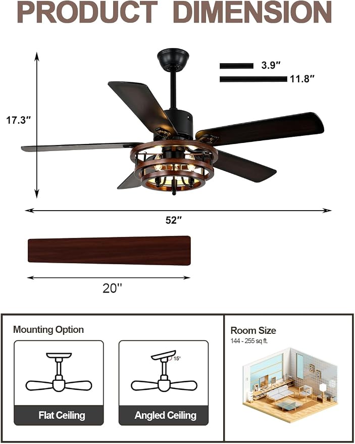 52 Inch Farmhouse Ceiling Fan with Light and Remote Chandelier Fan Quiet and Reversible DC Motor Rustic Ceiling Fan for Living Room Bedroom Patio