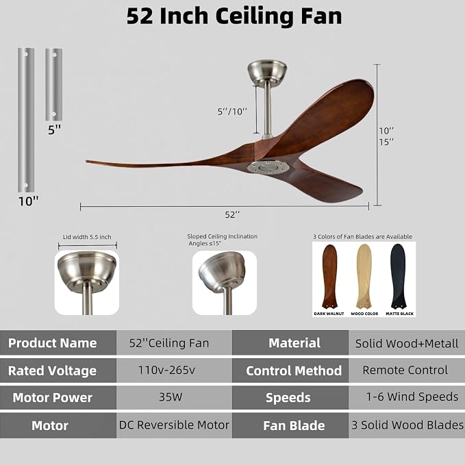 52'' Ceiling Fan Without Light, Remote Control, Wooden Modern Vintage Ceiling Fan for Indoor Outdoor, Bedroom, Dining Room, Terrace, Living Room, Farmhouse, Office (Brushed Nickel+Dark Walnut)
