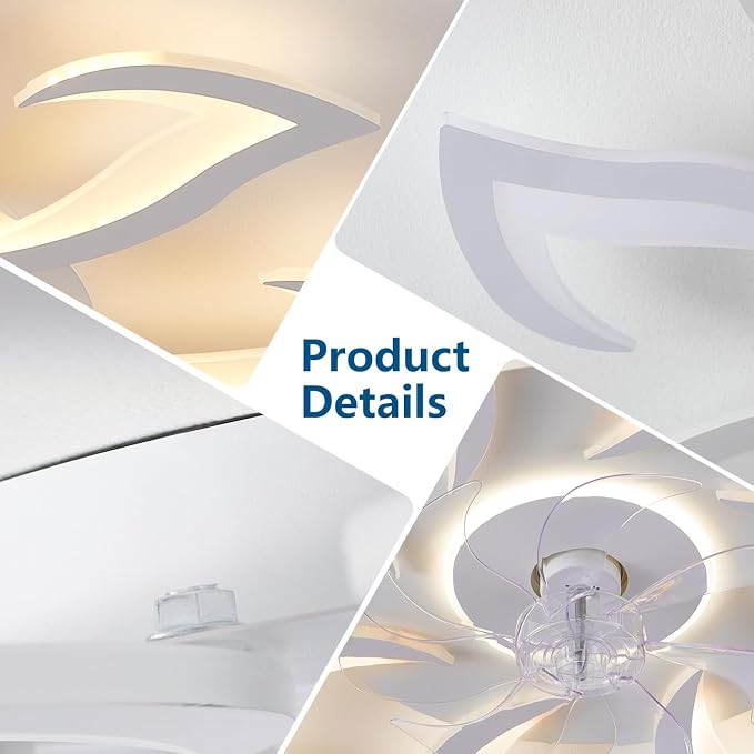 White Flower Modern CeilingFans with Lights, Low Profile Ceiling Fan with Remote for bedroom, 32inch Flush Mount Ceiling Fan with LED Dimmable Light,3-Colors, 6-Speeds, Timing Ceiling Fan Light
