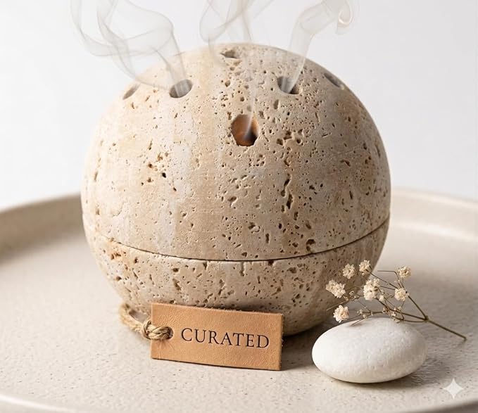 Handmade Travertine Stone Incense Resin Burner Holder – Natural Stone Incense Burner with Brass Insert for Home Decor & Relaxation