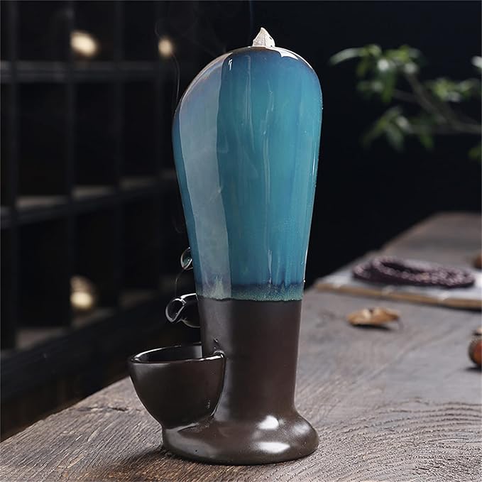 YYW Backflow Incense Burner Holder Handmade Statue Decor Fountain Waterfall Incense Holder with 20 Backflow Incense Cones 30 Incense Sticks 1 Tweezer 1 Mat for Indoor Meditation Yoga (Blue)