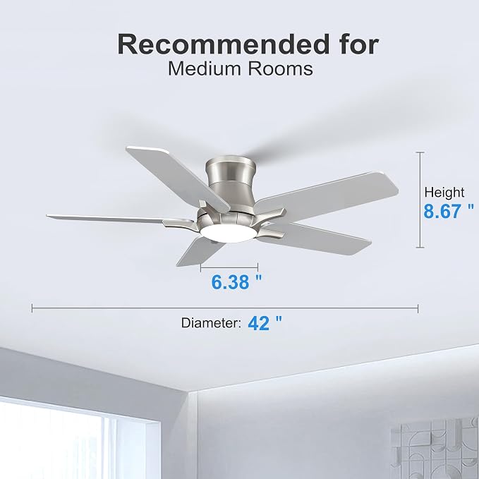 POCHFAN 42 Inch Ceiling Fans with Lights and Remote, Brushed Nickel Flush Mount Low Profile Ceiling Fan for Bedroom, Living Room, Patio, Dimmable 6 Speeds Noiseless Reversible, ETL Listed