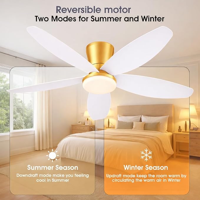 Surtime 42" Ceiling Fans with Lights-Low Profile Ceiling Fan with Light and Remote/APP Control,Flush Mount Gold Ceiling Fan with Reversible White Blades