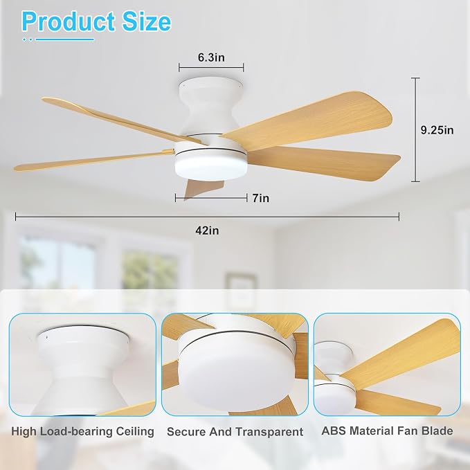 Depuley Modern Ceiling Fan with Light: 42-Inch White Small Fans for Bedroom Indoor Outdoor - Dimmable Low Profile Ceiling Fans with Remote Control Flush Mount 5 Reversible Wood Blades 6 Speeds Timer