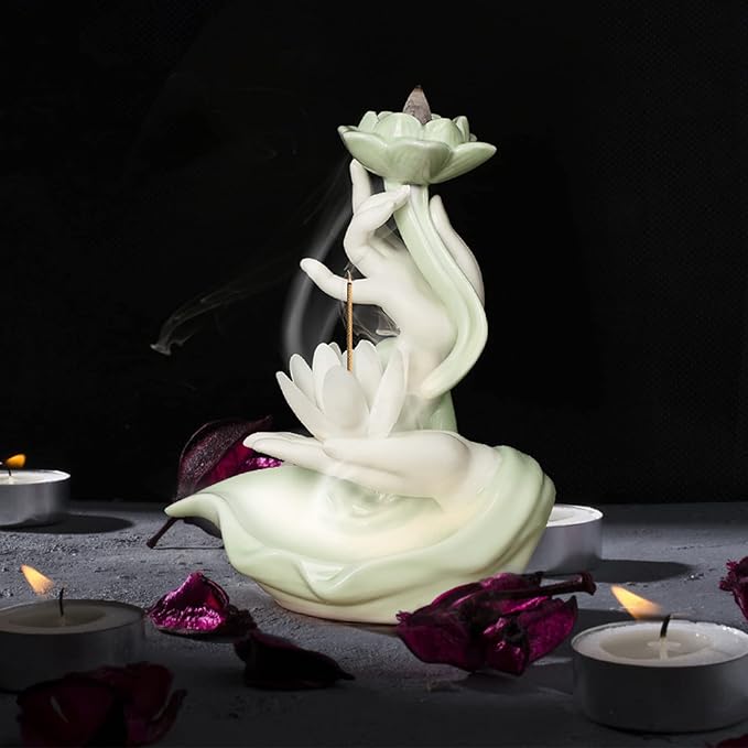 Backflow Incense Holder Buddhist Culture，Waterfall Incense Burner Buddha's Hand and Lotus Pattern，Aromatherapy Ornament Home Décor Nice Gift for Friends Families