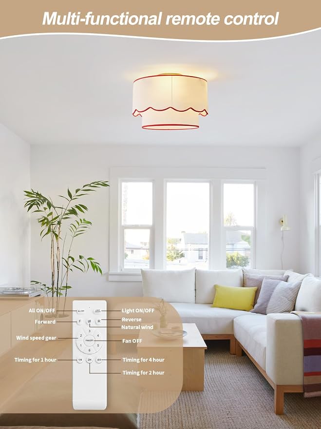 Flush Mount Ceiling Fan with Light, 18" Red Low Profile Boho Ceiling Fans with Lights Remote Control, Drum Caged Fabric with 6 Speeds for Bedroom,Nursery,Living Room