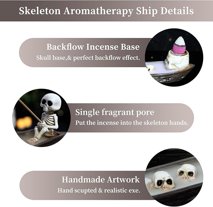 Halloween Incense Burner, backflow Incense Burner,Skeleton Ship Incense Holder,Hand-Carved Decorations,Cool Room Decorations, Awesome and Ideal Gifts, Brown (1pack, 8.5inch)