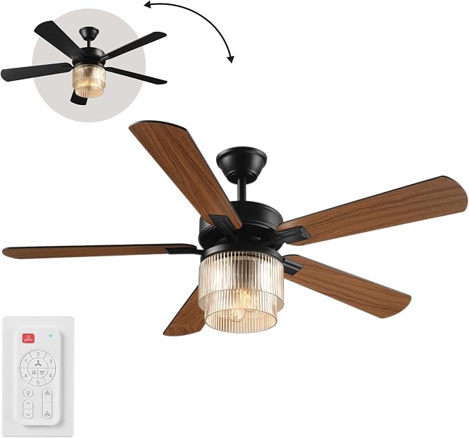 52" Matte Black 2-Light Indoor/Covered Outdoor Ceiling Fan with Glass Shade and Remote Control | WhisperQuiet DC Motor, 6 Speeds, Reversible Blades, Reversible Airflow, Remote Included, Bulbs Sold Separately