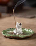 Ceramic Incense Stick Holder - Cute Frog Incense Burner with Lotus Leaf Tray Ash Catcher, Handcrafted Zen Decor for Home, Meditation, Yoga, Gift