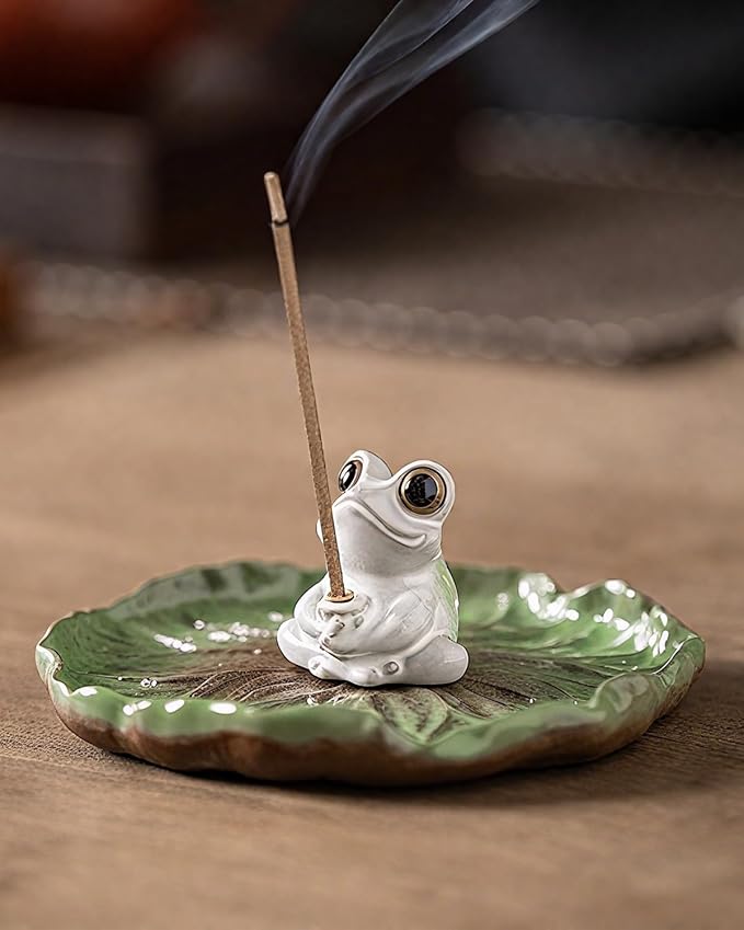Ceramic Incense Stick Holder - Cute Frog Incense Burner with Lotus Leaf Tray Ash Catcher, Handcrafted Zen Decor for Home, Meditation, Yoga, Gift