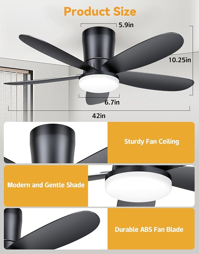 Ceiling Fans with Lights, Low Profile 42-Inch Modern Small Ceiling Fan for Bedroom Indoor Outdoor - Dimmable Fans with Timer Remote Control Flush Mount Reversible 5 Blades 6 Speeds, Black