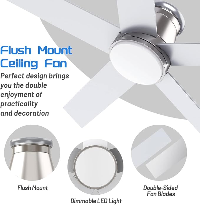 wurzee 52" Flush Mount Ceiling Fan Brushed Nickel Ceiling Fan 6 Speeds DC Reversible Motor, Timing, Dimmable, 5 Blades for Bedroom,Living, Dining Indoor Patio Porch Garage Shop