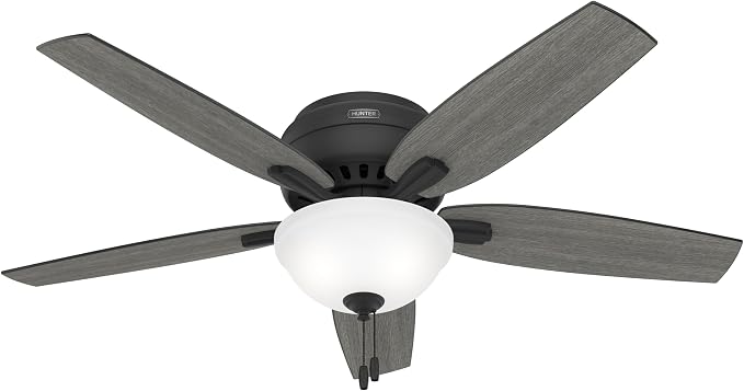 Hunter 52 inch Indoor Ceiling Fan with LED Light - Black Ceiling Fan with Pull Chain, For Bedroom or Living Room, Low Profile Flush Mount, 5 Blades, Includes Bulbs - Newsome 52396, Matte Black | Low Profile Flush Mount, Pull Chain, 5 Blades, For Bedroo...
