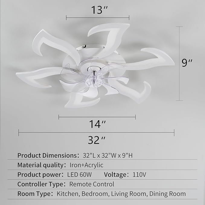 White Flower Modern CeilingFans with Lights, Low Profile Ceiling Fan with Remote for bedroom, 32inch Flush Mount Ceiling Fan with LED Dimmable Light,3-Colors, 6-Speeds, Timing Ceiling Fan Light