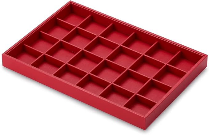 Oirlv Red Leather Jewelry Organizer 24-Grid | Red Leather Exterior, Soft Microfiber Interior, 35X24X3Cm, Vibrant Red Color, Removable Dividers, Great for Retail Display