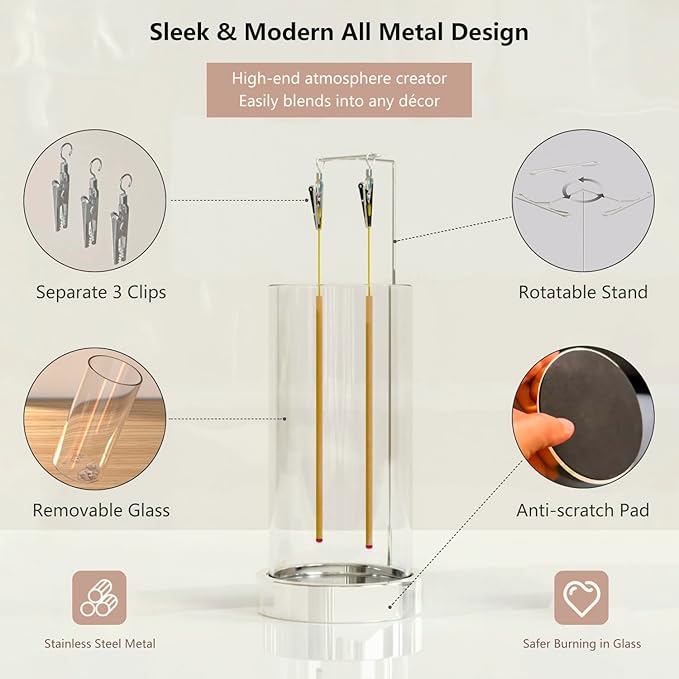 Incense Holder Ash Catcher - Upside Down Glass Incense Holder for Sticks, Reverse Inverted Anti Ash No Mess Insence-Stick Holder, Modern Metal Vertical Incense Burner for Room Decor, Silver