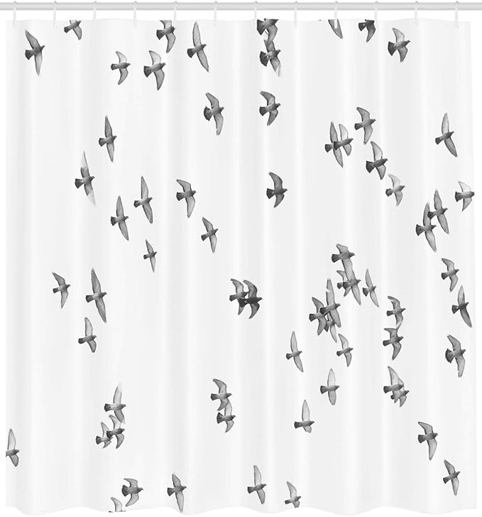 Ambesonne Lifestyle Shower Curtain, Group of Pigeon Gulls Birds Dove Flying on Sky Urban Scenic Move on Photo Print, Cloth Fabric Bathroom Decor Set with Hooks, 69" W x 75" L, Ivory Grey