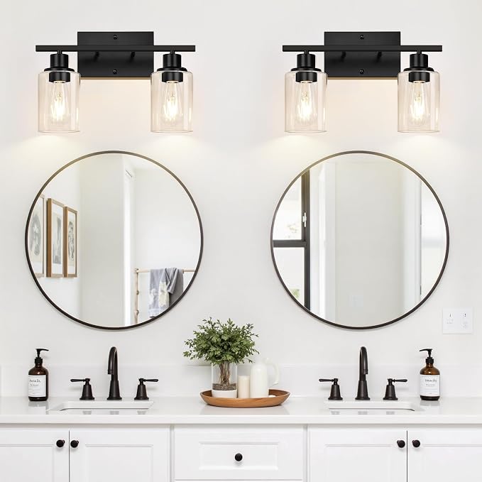 Indoi 2-Light Bathroom Light Fixtures, Matte Black Modern Vanity Lights with Clear Glass Shades, Bathroom Wall Lamp for Mirror Living Room Cabinet Bedroom Porch