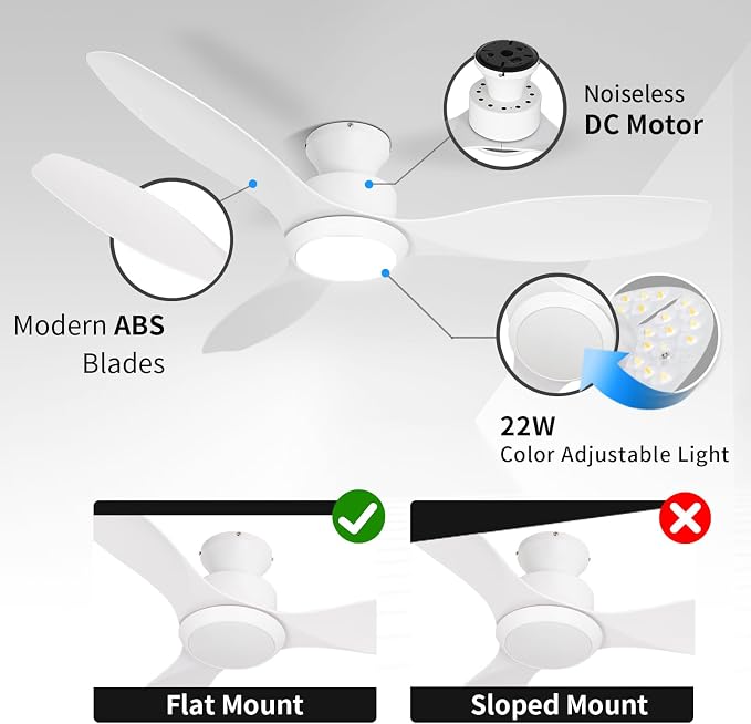 48 inch Ceiling Fan with Light and Remote, White Flush Mount Ceiling Fan with 3 Blades,3 Color Dimmable Lights, 6 Speeds, Queit DC Motor, for Bedroom/Outdoor/Patios, White