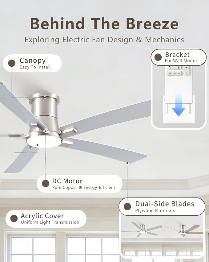 60 Inch Brushed Nickel Flush Mount Ceiling Fans with Lights and Remote | 3CCT Dimmable LED, 6 Speed, Quiet DC Motor, 3-Level Timer Function, Forward/Reserve For all Seasons, Indoor/Covered Outdoor