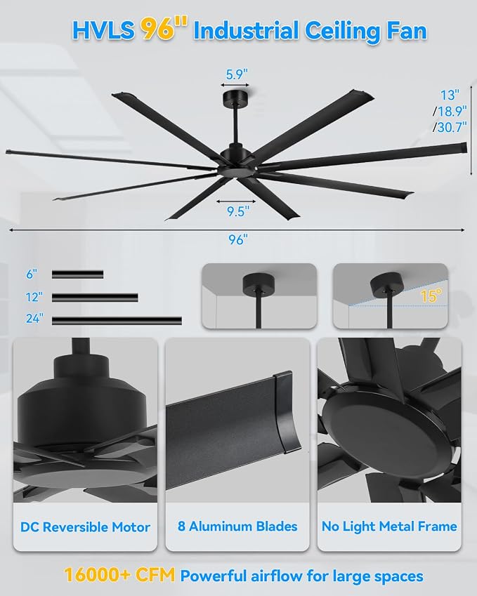 [HVLS]96 Inch Industrial Ceiling Fan, Extra Large Commercial Big Assed Ceiling Fan, 8 Aluminum Blades, Reversible DC Motor, Remote Control with 6 Speeds, 3 Downrods, for Shop, Garage, Gym, Black