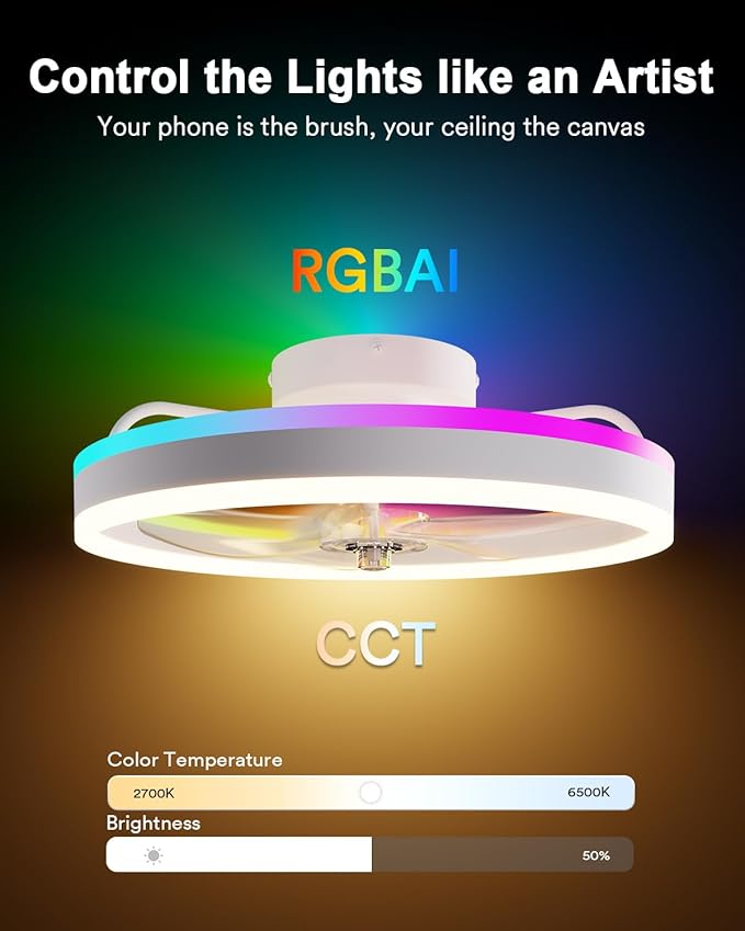 Lumary Smart WiFi Ceiling Fans with Lights, RGBAI Flush Mount Ceiling Fans with Lights and Remote, Dual Lighting Mode Modern LED Low Profile Ceiling Fan for Bedroom Works with Alexa Google, 20in White | 4500 lumens CCT light, RGBAI lighting, Alexa/Goog...