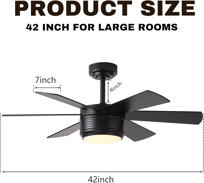 SHOWDI Black Ceiling Fans with Lights and Remote, Quick Installation, 42 in | 2 Blade Color, Metal Material, App Remote Control, Timer, Reversible, 3CCT, Dimmable for Bedroom, Living room, Indoor