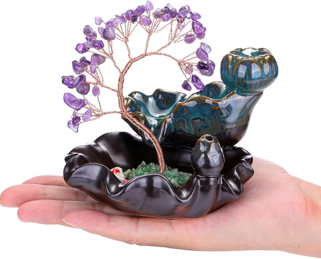 Jovivi Backflow Incense Burner Ceramic Incense Waterfall, Natural Amethyst Healing Crystal Money Tree Incense Holder for Wealth, Good Luck, Yoga Meditation, Home Decor