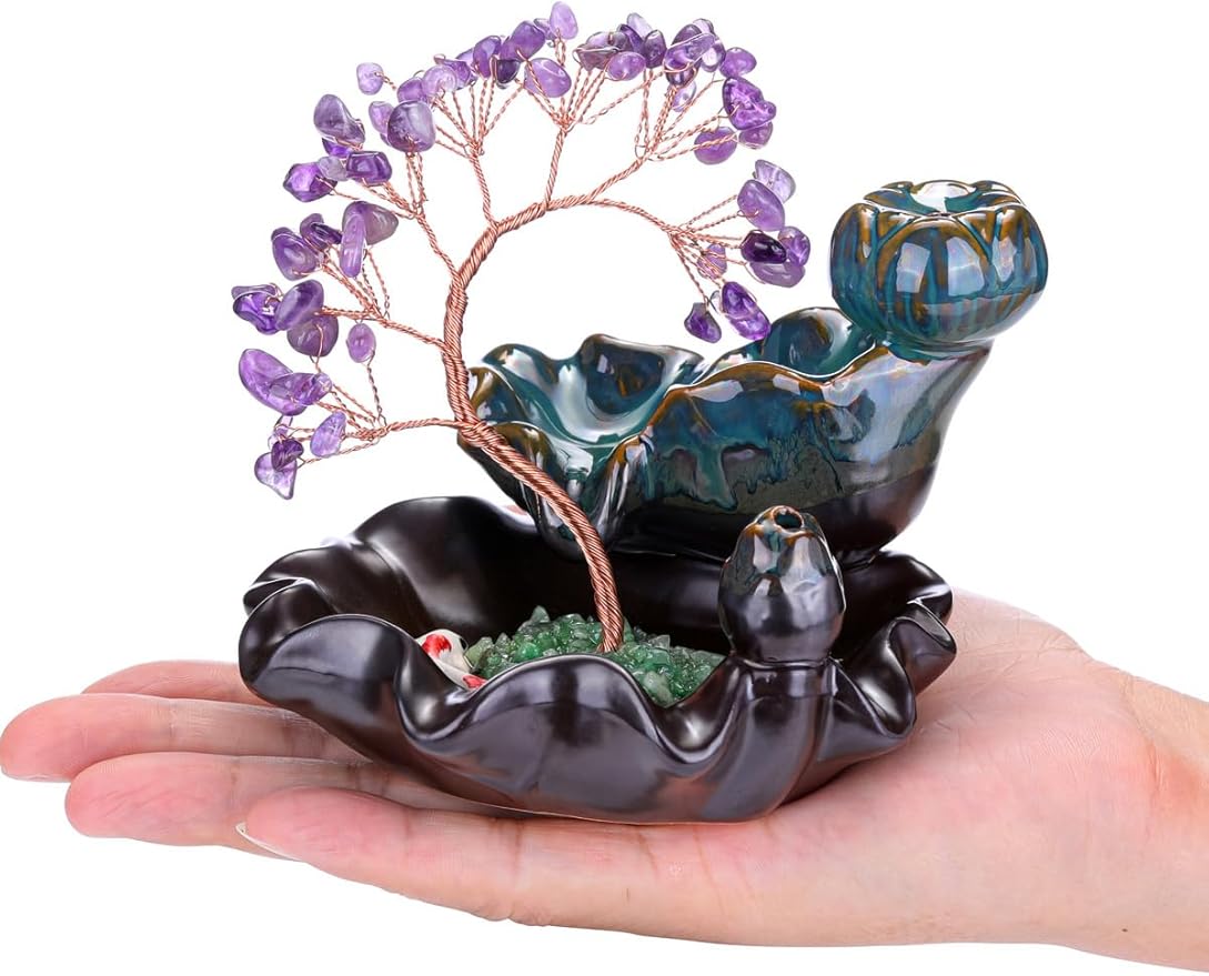 Jovivi Backflow Incense Burner Ceramic Incense Waterfall, Natural Amethyst Healing Crystal Money Tree Incense Holder for Wealth, Good Luck, Yoga Meditation, Home Decor