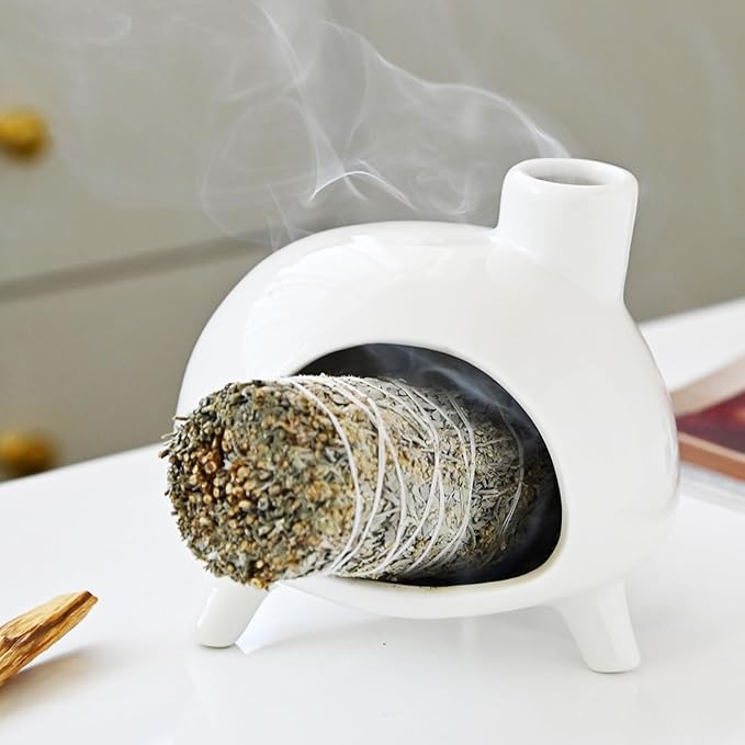 Handmade Ceramic Palo Santo Holder Burner - Mini Chimenea Incense Dish for Palo Santo and Sticks .Sage Holder for for Aromatherapy, Yoga, Meditation Gift and Home Decor (White)