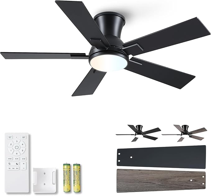 Modern Ceiling Fans with Lights - 42 inch Low Profile Ceiling Fan with Light and Remote, Flush Mount Reversible DC Motor, 6-Speed Quiet LED Dimmable for Bedroom, Indoor and Outdoor, Patios Black