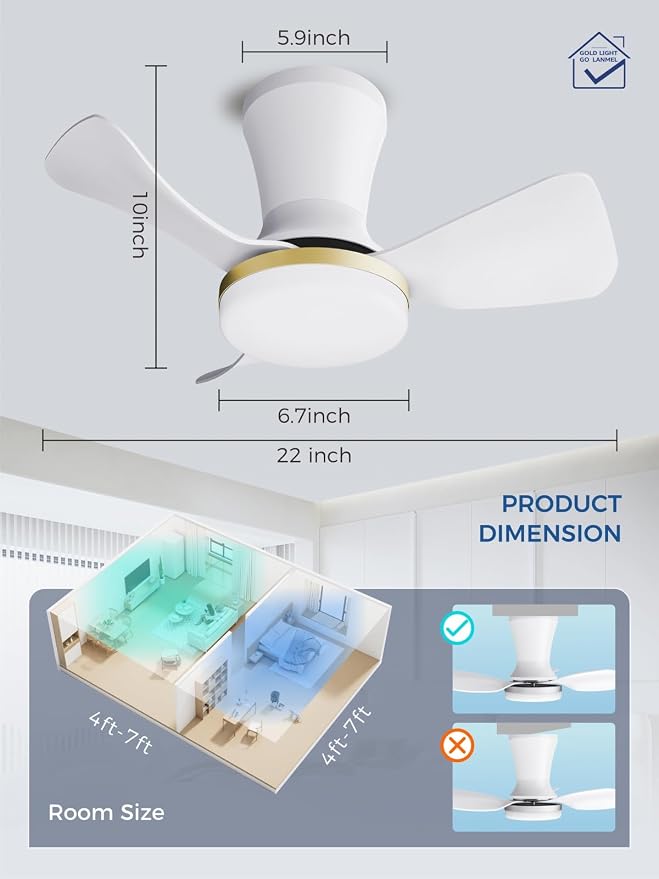 LANMEL 22 Inch Flush Mount Ceiling Fan with Light and Remote, Low Profile Modern Ceiling Fan, 6 Speed, Reversible, 3000k-6500k Dimmable LED, Quiet DC Motor for Indoor Outdoor, White Gold