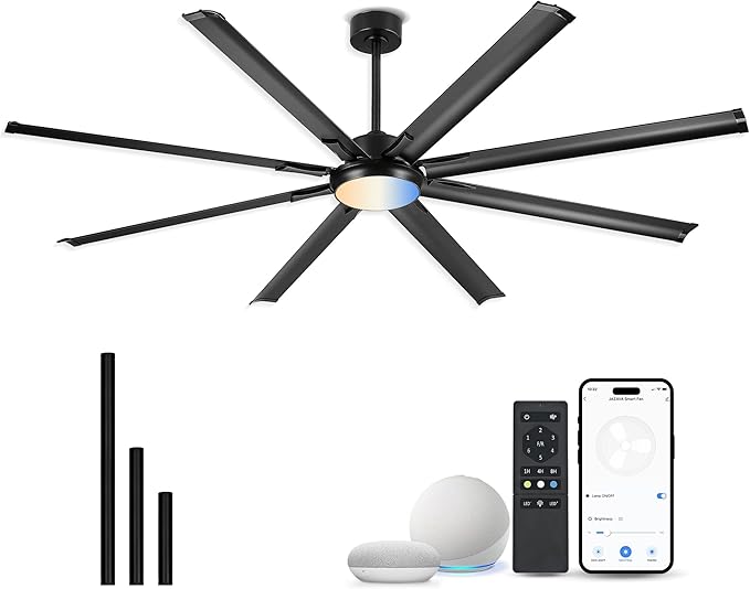 84 Inch Industrial Ceiling Fan with Light, Large Ceiling Fan with 8 Aluminum Blades, Works with Alexa, 6-Speed Reversible DC Motor, 3 CCT Settings, Ideal for Covered Outdoor Spaces, CF04BK-84