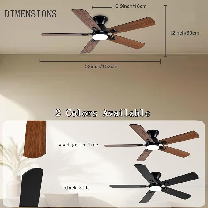 GJeg Ceiling Fans with Lights, 52 Inch Low Profile Ceiling Fan with Light and Remote, Flush Mount Ceiling Fan, 3CCT, Dimmable, Noiseless, Ceiling Light Fan for Bedroom, Indoor/Outdoor Use,Brown