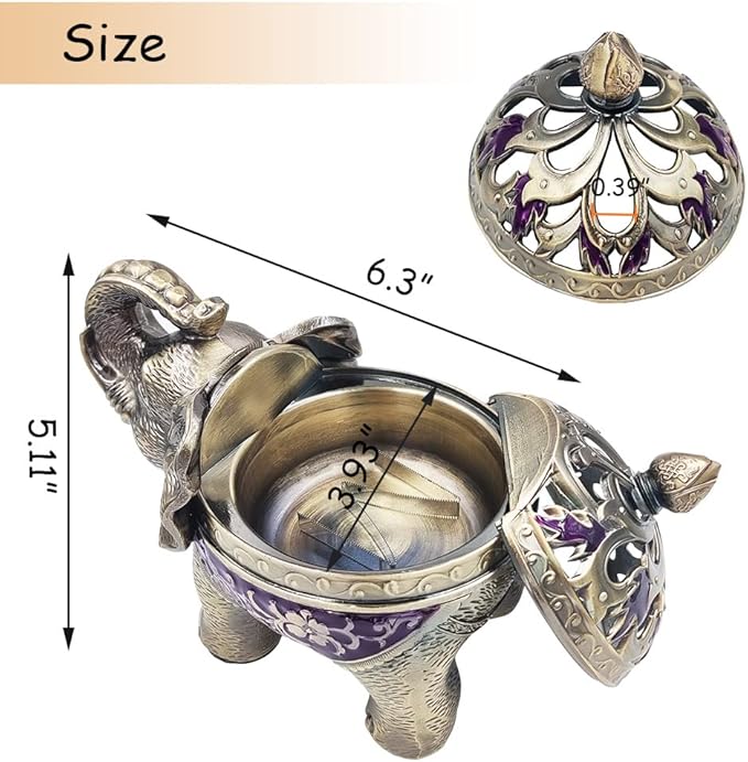 Hourwof Metal Elephant Incense Holder,Vintage Cone Coil Incense Burner with Lid,Ash Catcher,Aromatherapy Ornament Home Office Decor (Purple)