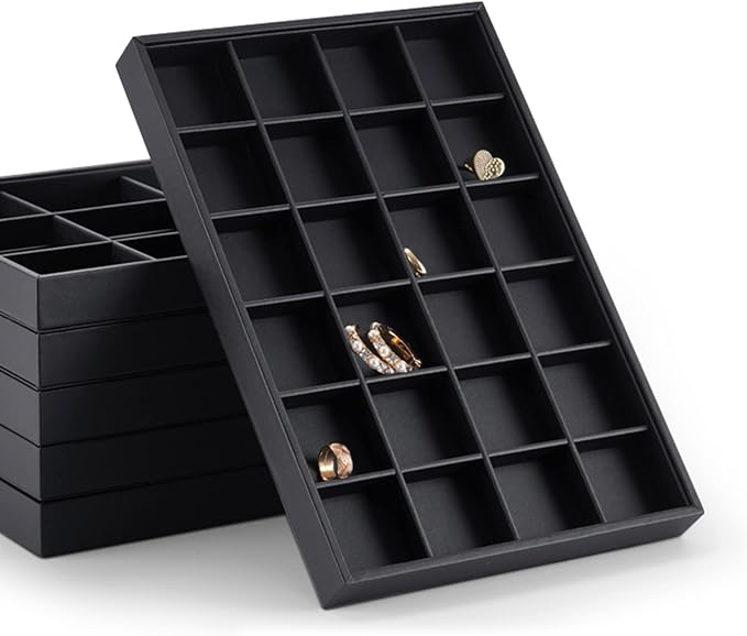 Oirlv Black Leather Jewelry Tray 24-Grid | 13.78"X9.45"X1.18" Tray with 24 Grid Inserts, Soft Velvet Lining, Perfect for Pendants and Earrings, Stackable Design