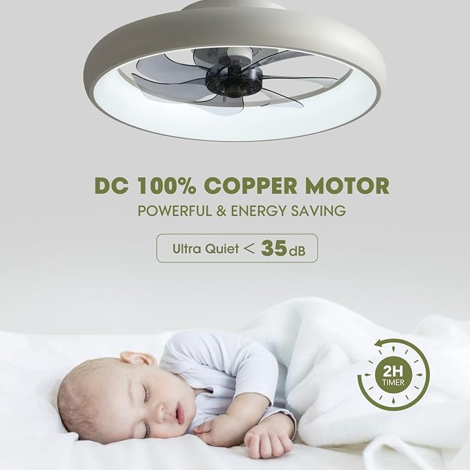 LUDOMIDE Ceiling Fans with Lights and Remote, 20'' Low Profile Flush Mount, 6 Wind Speeds, Modern Dimmable LED Ceiling Fan, Smart Ceiling Fan for Bedroom, Kids Room (White)