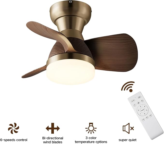 20 Inch Ceiling Fan with Light, 3 Blades Plastic Wood Grain, Brass Small Ceiling Fan with Remote Control, Suitable for Living Room, Dining Room, Bedroom
