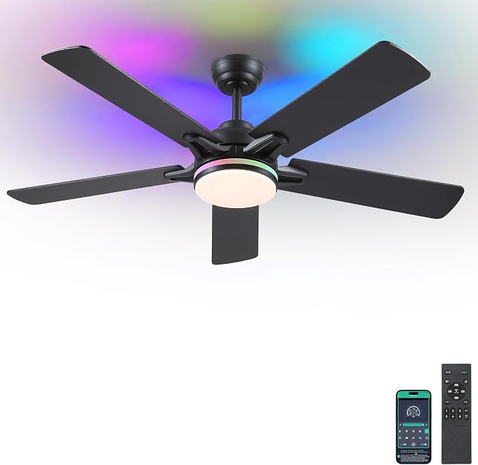 Kviflon 52 Inch Ceiling Fans with Lights, Modern RGB Ceiling Fans, Black Ceiling Fan with Light for Bedroom Living Room, Remote/APP Control, Reversible Quiet DC Motor, Dimmable LED, Wooden Blades